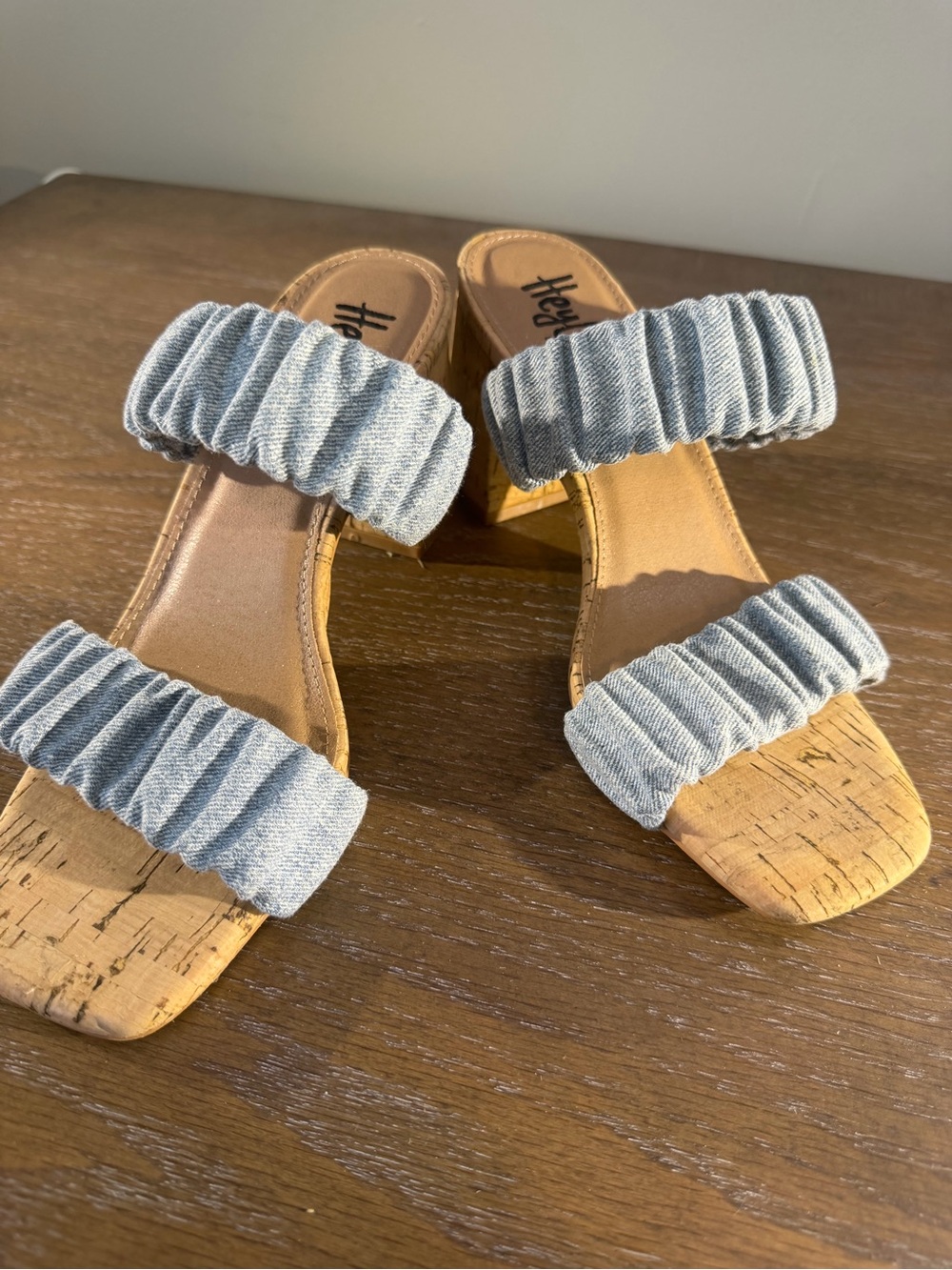 Heydaw Denim Ruched Double-Strap Cork Heel Sandals - Light Blue